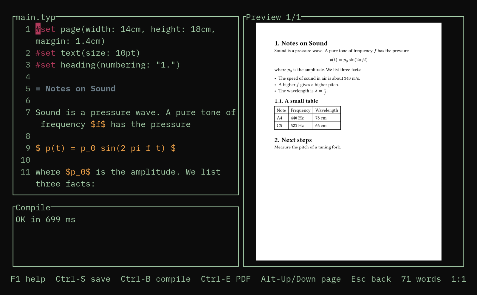lazytypst in a terminal. On the left, the text of a Typst file with colored headings and math, and under it the compile pane that says OK in 297 ms. On the right, the compiled page with a heading, an equation, a list, and a table.